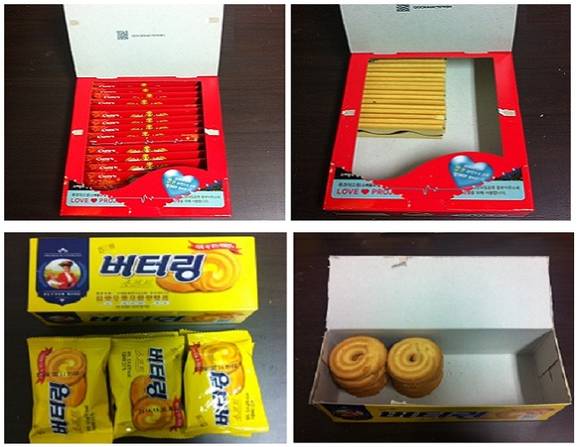 1~3차 포장된 과자 vs. 최종 포장재 제거 후